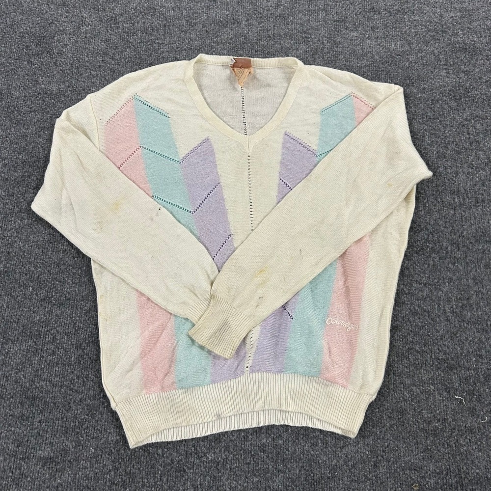 Courreges Sweater Womens Size M Cream Geometric V-Neck Pointelle France Stains